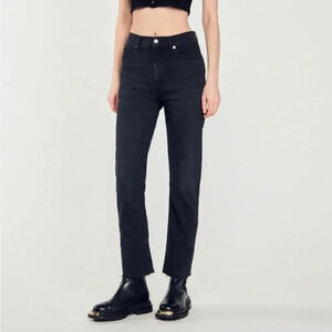 Sandro Paris Black Straight Leg Jeans Raw Hem Cropped French Minimalist Denim